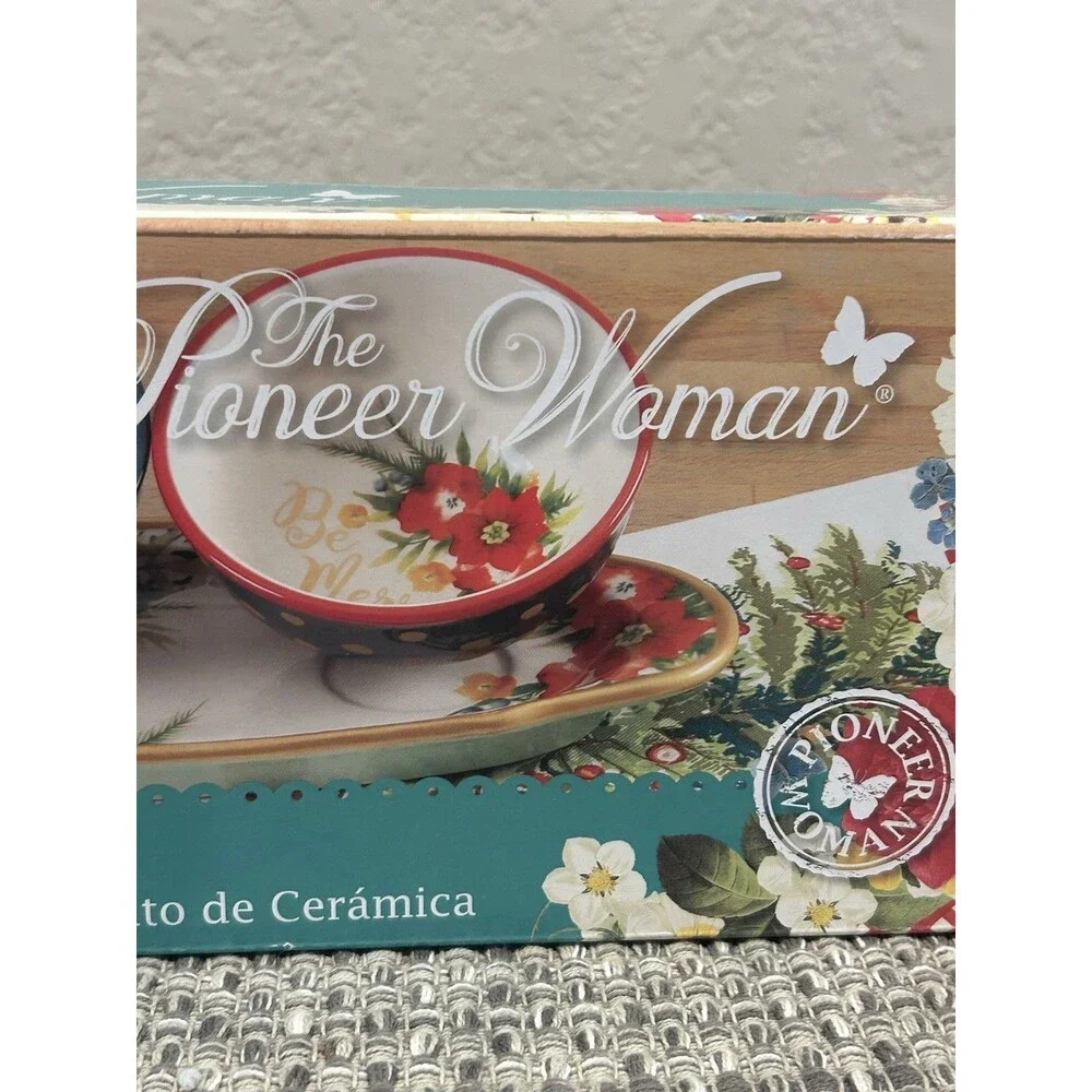 Pioneer Woman Garland Ceramic Condiment Set 4 Pcs 3 Bowls Tray Holiday Christmas